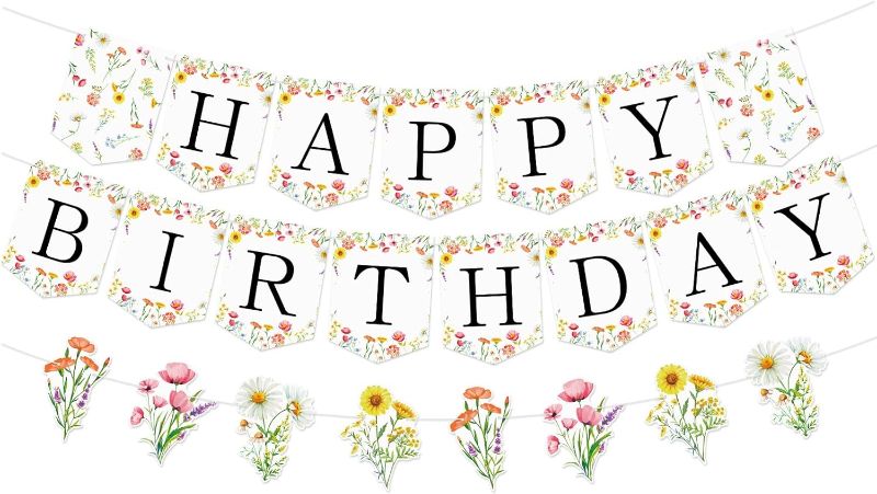 Photo 1 of Wildflower Happy Birthday Banner Garland Sign Floral Party Decorations Colorful Flower Theme Garland for Women Girl Spring Birthday Baby Shower Tea Party Supplies
