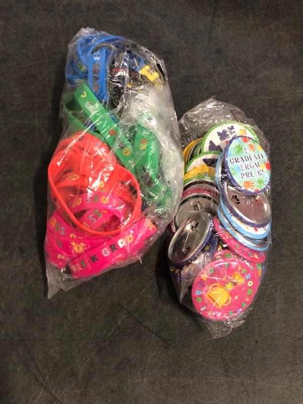 Photo 1 of Liliful 72 Pcs Preschool Graduation Party Favors Kindergarten Graduation Party Gift Silicone Bracelet Rubber Wristband Button Badges Pins for Class of 2025 Ceremony Congrats Grad Supplies