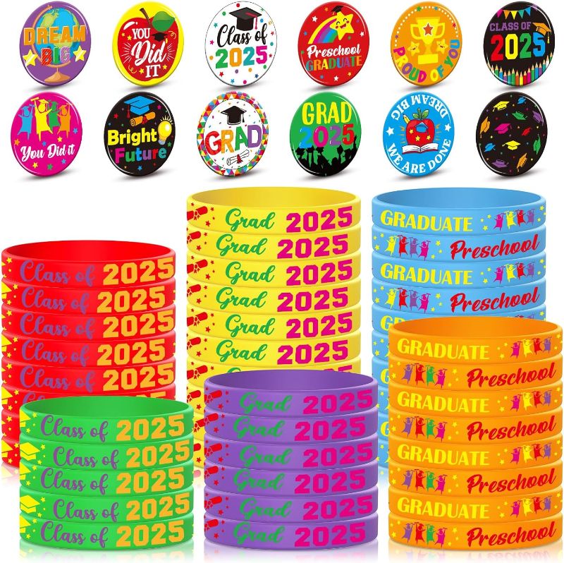 Photo 1 of Liliful 72 Pcs Preschool Graduation Party Favors Kindergarten Graduation Party Gift Silicone Bracelet Rubber Wristband Button Badges Pins for Class of 2025 Ceremony Congrats Grad Supplies