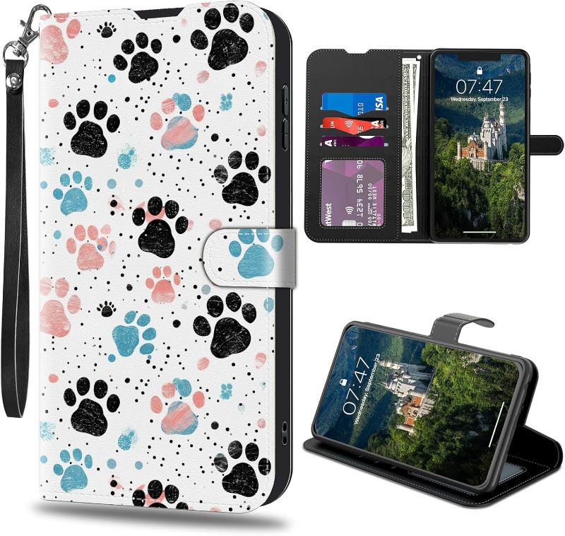 Photo 1 of For iPhone 16 6.1 Inch Wallet Case with Credit Card Slots Holder, PU Leather Shockproof RFID Blocking Cover for iPhone 16 6.1'',Dog Paw Print