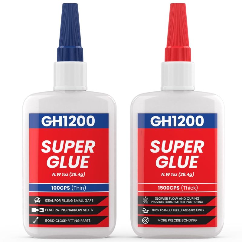 Photo 1 of GH1200 57 Grams (2 oz) 100/1500 CPS (Thin/Thick) Super Glue All Purpose with Anti Clog Cap. Ca Glue - Adhesive SuperGlue. Cyanoacrylate Glue for Hard Plastics, DIY Craft, Metal 1 Oz Each