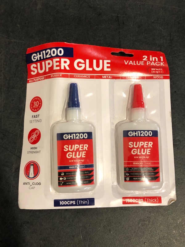 Photo 1 of GH1200 57 Grams (2 oz) 100/1500 CPS (Thin/Thick) Super Glue All Purpose with Anti Clog Cap. Ca Glue - Adhesive SuperGlue. Cyanoacrylate Glue for Hard Plastics, DIY Craft, Metal 1 Oz Each