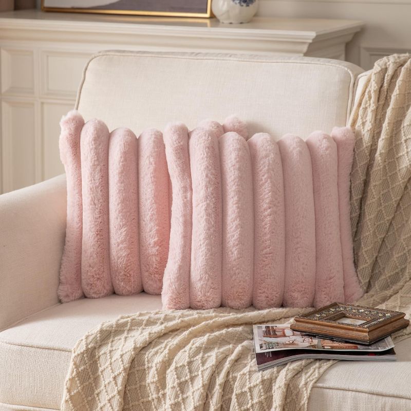 Photo 1 of Yaertun Pink Striped Decorative Throw Pillow Covers 18x18 Inch Set of 2 Plush Soft Pillowcase with Velvet Back Faux Rabbit Fur Cushion Covers Sofa Couch Bed Livingroom
