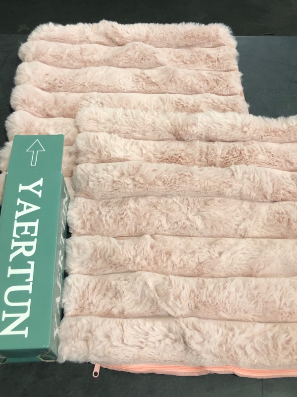 Photo 1 of Yaertun Pink Striped Decorative Throw Pillow Covers 18x18 Inch Set of 2 Plush Soft Pillowcase with Velvet Back Faux Rabbit Fur Cushion Covers Sofa Couch Bed Livingroom