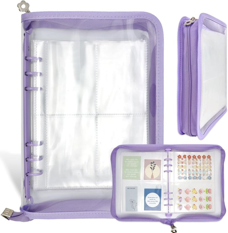 Photo 1 of Sticker Organizer Binder Album - Reusable Sticker Storage Collecting Book With 40 Sheets of Pocket Page and A5 Size Zipper Closure Clear Cover (Purple)
