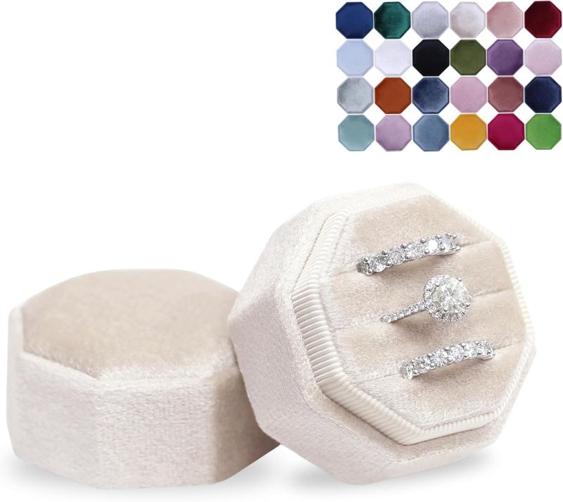 Photo 1 of BLUTETE Velvet 3 Slots Jewelry Ring Box Engagement Wedding Box Keepsake Box Bridal Photo Ring Triple Slots Octagon (Champagne)