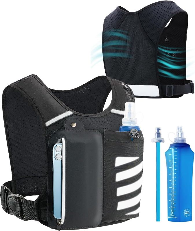 Photo 1 of Reflective Running Vest with Water Bottle Phone Holder for Women/Men, Hydration Gear Back Pack/Backpack, Light Weight Chest Bag Run Essential Accessory for Marathon Runner Walking Trail Rucking, Black