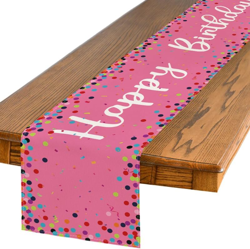 Photo 1 of Artoid Mode Polka Dot Pink Happy Birthday Table Runner, Seasonal Kitchen Dining Table Decoration for Home Party Decor 13x72 Inch