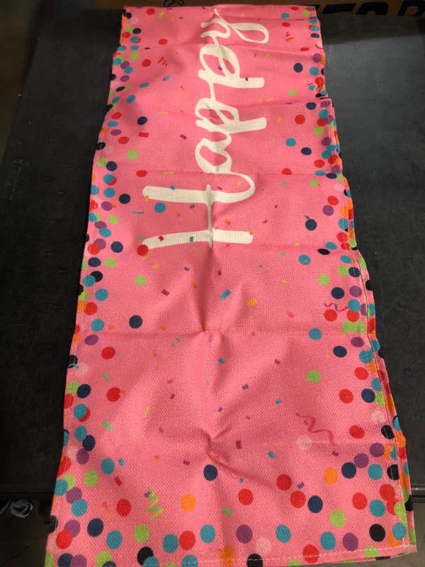 Photo 1 of Artoid Mode Polka Dot Pink Happy Birthday Table Runner, Seasonal Kitchen Dining Table Decoration for Home Party Decor 13x72 Inch