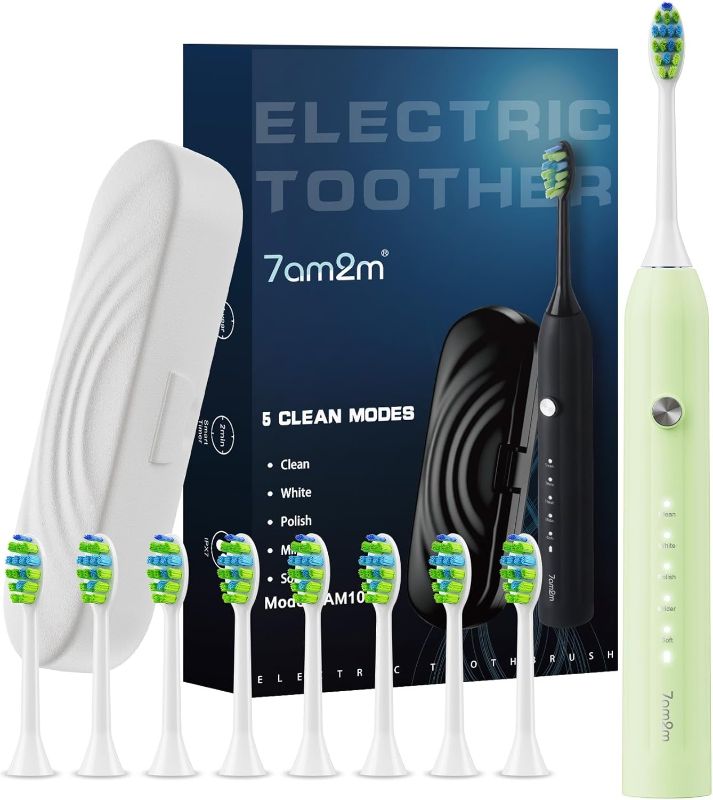 Photo 1 of 7AM2M Sonic Electric Toothbrush for Adults and Kids, with 8 Brush Heads and Travel Case,5 Modes with 2 Minutes Build in Smart Timer, One Charge Use for 90 Days, Rechargeable Toothbrushes 