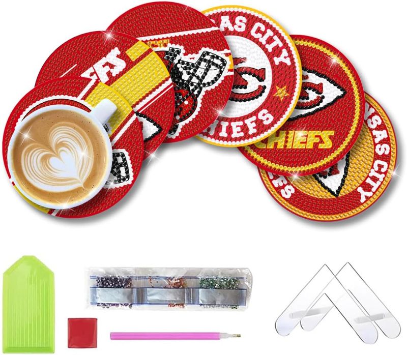 Photo 1 of Aimeryup 6 Pcs Diamond Paintings Coasters Kits with Holder, DIY Football Diamond Art Coasters for Adults Kids, Diamond Dot Kits for Kansas City Craft Gifts