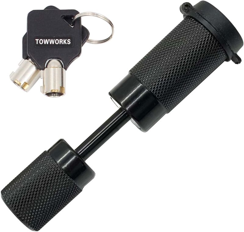 Photo 1 of TowWorks 79670 Keyed Alike Black Trailer Tongue Coupler Lock, 1/4 Inch Pin Diameter, Up to 7/8 Inch Span, Fits Quick Latch Coupler