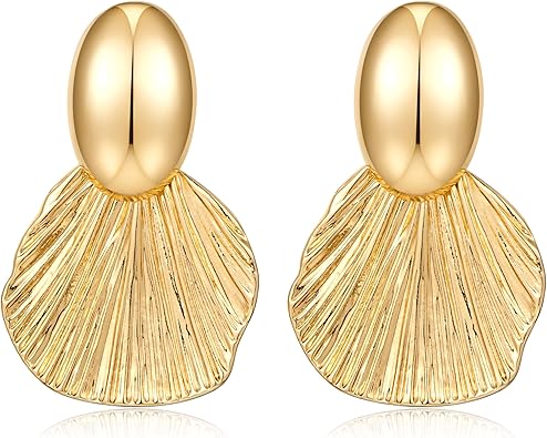 Photo 1 of Gold Earrings Dangle Chunky Fan-shaped Earrings Shell Earring for Women Two-Tone Fashion Statement Jewelry