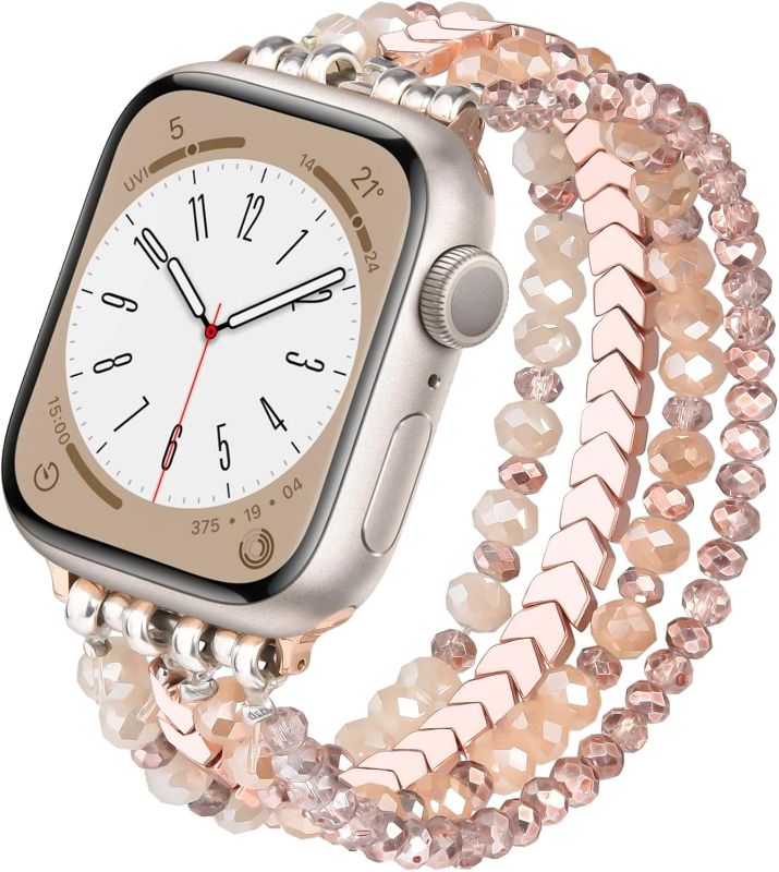 Photo 1 of MOFREE Beaded Bracelet Compatible with Apple Watch Band 38mm/40mm/41mm/42mm?Series 10? 9/8/7/SE/6/5/4/3/2/1 Women Fashion Handmade Elastic Stretch Strap for iWatch Bands Replacement Rose Gold