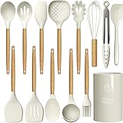 Photo 1 of Silicone Cooking Utensils Set - 446°F Heat Resistant Silicone Kitchen Utensils for Cooking,Kitchen Utensil Spatula Set w Wooden Handles and Holder, BPA FREE Gadgets for Non-Stick Cookware (Khaki)