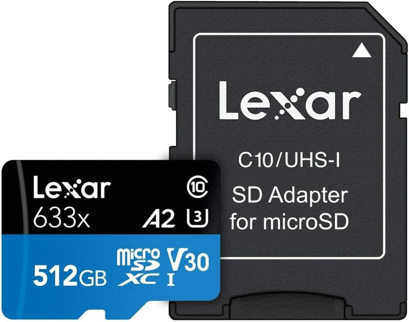 Photo 1 of Lexar High-Performance 633x 512GB microSDXC UHS-I Card w/ SD Adapter, C10, U3, V30, A2, Full-HD & 4K Video, Up To 100MB/s Read, for Smartphones, Tablets, and Action Cameras (LSDMI512BBNL633A)