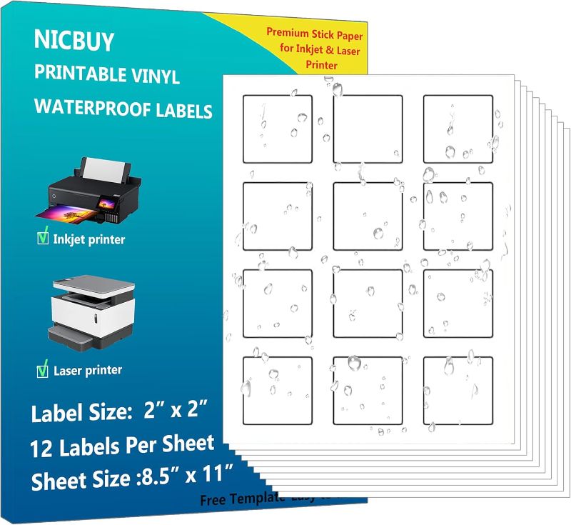 Photo 1 of 240 Pcs Square Labels 2x2 inch Printable Glossy White Waterproof Vinyl Sticker Labels for Inkjet or Laser Printer