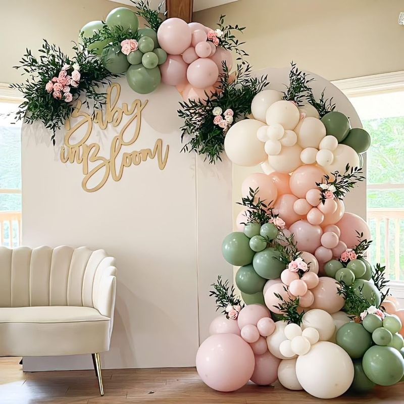 Photo 1 of Baby in Bloom Balloon Arch Kit 139pcs Pastel Sage Green and Pink Balloon Garland for Boho Baby Shower Birthday Party Decoration