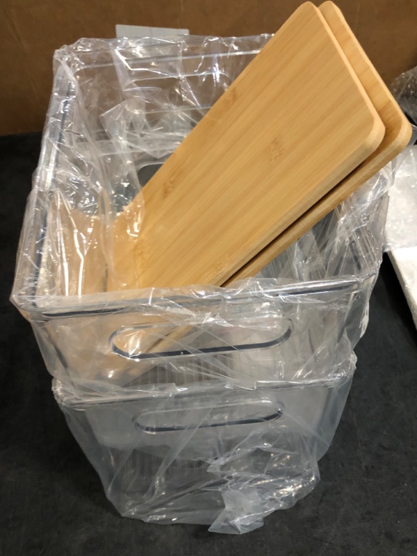 Photo 1 of 2 Pcs Stackable Storage Containers with Bamboo Top Handles Extra Large Garbage Bag Holder Dispenser Trash Bag Organizer Open Front Bin for Kitchen Laundry Room Pantry Organization(Stylish)