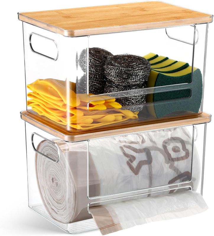 Photo 1 of 2 Pcs Stackable Storage Containers with Bamboo Top Handles Extra Large Garbage Bag Holder Dispenser Trash Bag Organizer Open Front Bin for Kitchen Laundry Room Pantry Organization(Stylish)