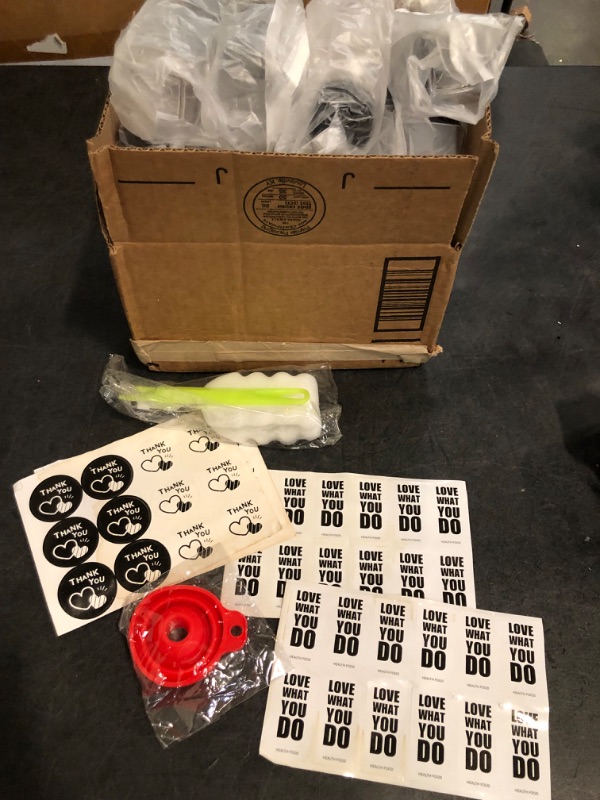 Photo 1 of *Stickers are DIFFERENT** Plastic Juice Bottles  2 oz Empty Plastic Water Bottles with Caps Reusable Clear Beverage Containers for Drinking, Juicing, Smoothie, Water with 1 Brushes, 1 Funnel, Stickers