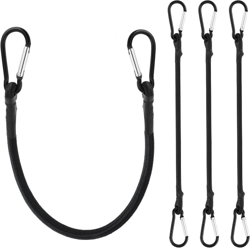 Photo 1 of 4 PCS Double End Bag Bungee Cords, Black Bungee Cords with Carabiner Hooks, Tie Down Hooks Heavy Duty Straps 12 Inch Elastic Straps Extra Strong Rope for Outdoor Tent, Tarps, Camping