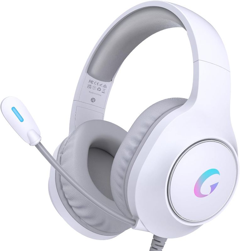 Photo 1 of CM7002 Gaming Headset for PS5, PS4, PC, Mac, Switch, Xbox Series, Surround Sound RGB Gaming Headphones with Noise Canceling Microphone, 50MM Dynamic Drivers, 3.5MM Audio Jack, Light White
