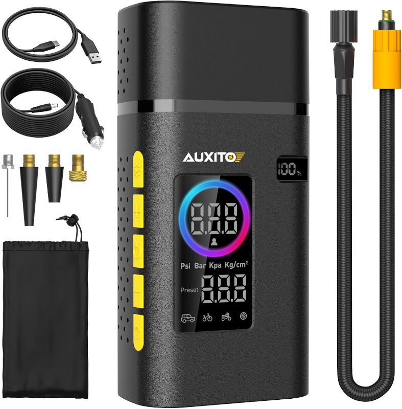 Photo 1 of AUXITO Tire Inflator Portable Air Compressor, 150PSI Air Pump for Car Tires Motorcycle Bikes Balls with Rechargeable Battery, Digital Pressure Gauge, Emergency LED Light