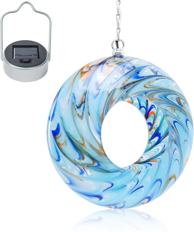 Photo 1 of VCUTEKA Bird Feeder Solar Fly Through Bird Feeders for Outside Hanging with Round Shape Glass Container to Attract Wild Birds for Garden Decor, Solar Birdfeeder as Gift for Lovers, Light Blue 8-Inch