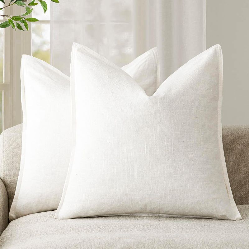 Photo 1 of Foindtower Pack of 2, Decorative Linen Soild Throw Pillow Covers Soft Accent Cushion Case Boho Farmhouse Neutral Pillowcase for Chair Couch Sofa Bedroom Living Room Home Decor 24 x 24 Inch Cream White