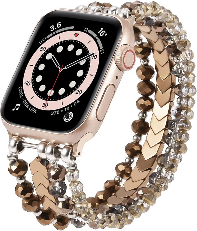 Photo 1 of MOFREE Beaded Bracelet Compatible with Apple Watch Band 38mm/40mm/41mm/42mm?Series 10? 9/8/7/SE/6/5/4/3/2/1 Women Fashion Handmade Elastic Stretch Strap for iWatch Bands Replacement Coffee