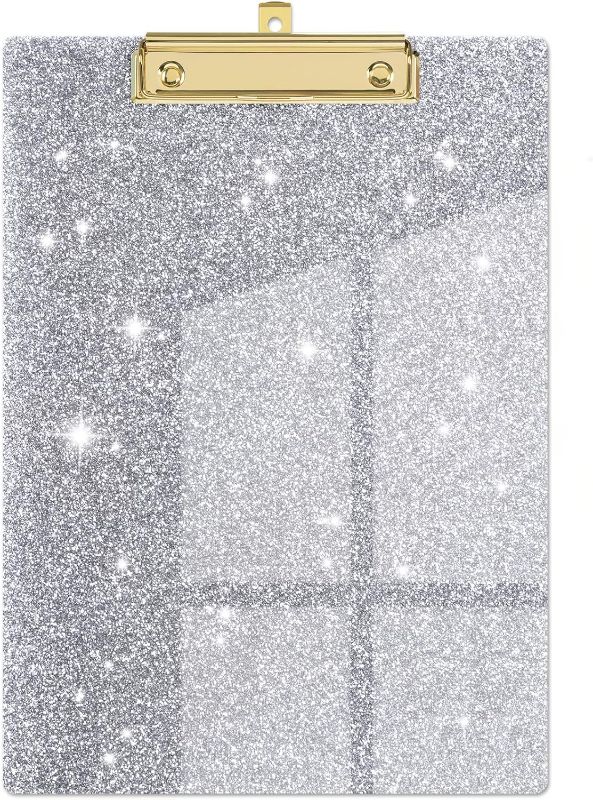 Photo 1 of Piasoenc Acrylic Clipboards, Fashion Glitter Clip Board with Low Profile Gold Clip, Designed for Classroom School and Office Use, A4 Letter Size 9 x 12.5 in, White