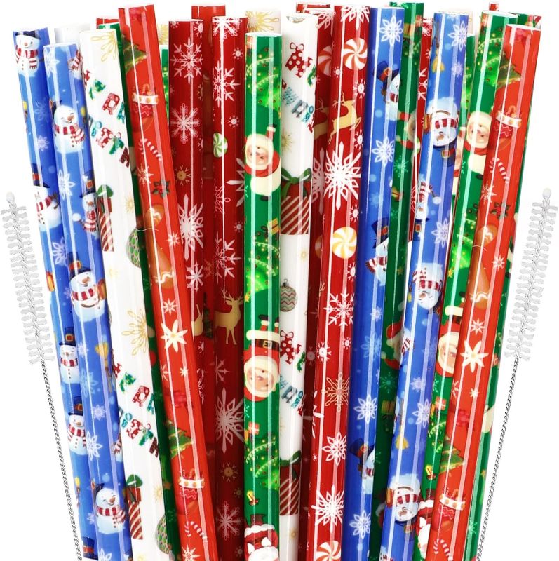 Photo 1 of *Different Designs* JANYUN 30 Pieces Christmas Drinking Straws BPA-Free 9inch Printing Hard Plastic Reusable Straws Xmas Balls Snowflake Elk Straw for Family Party Favors Supplies Cleaning Brush
