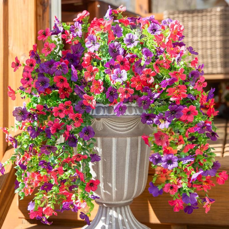 Photo 1 of Artificial Flowers for Outdoors Decoration, 2Pcs Fake Hanging Spring Summer Decor, Purple and Hotpink Realistic Plants, UV & Fading Resistant Silk Flower for Porch Patio Balcony Planter Yard