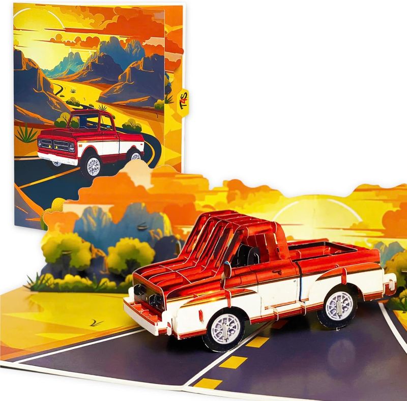 Photo 1 of T4s Pop Up Retro Truck Card – 3D Classic Red Pickup on Sunset Road – Perfect Father’s Day, Birthday Greeting Card for Dad, Grandpa, Husband, Car Lovers, Vintage Auto Fans, Americana Style Men
