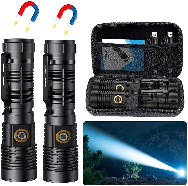 Photo 1 of Rechargeable Tactical Flashlights High Lumens - 1500 Meters Long Beam Super Bright LED Magnetic Flashlight USB Zoomable 5Modes Small Long Beam Spotlight Flashlight for Hiking, Camping