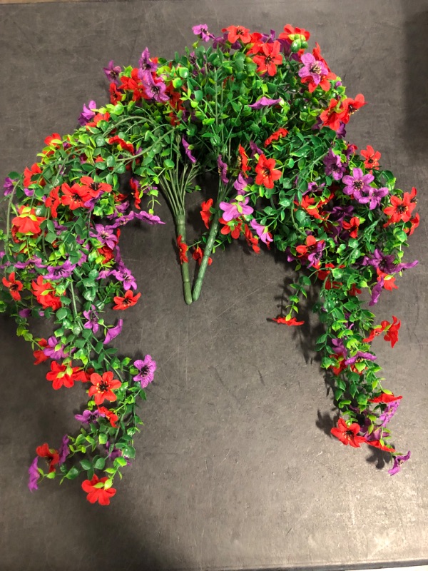 Photo 1 of Artificial Flowers for Outdoors Decoration, 2Pcs Fake Hanging Spring Summer Decor, Purple and Hotpink Realistic Plants, UV & Fading Resistant Silk Flower for Porch Patio Balcony Planter Yard