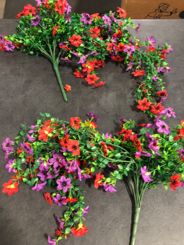 Photo 1 of Artificial Flowers for Outdoors Decoration, 2Pcs Fake Hanging Spring Summer Decor, Purple and Hotpink Realistic Plants, UV & Fading Resistant Silk Flower for Porch Patio Balcony Planter Yard