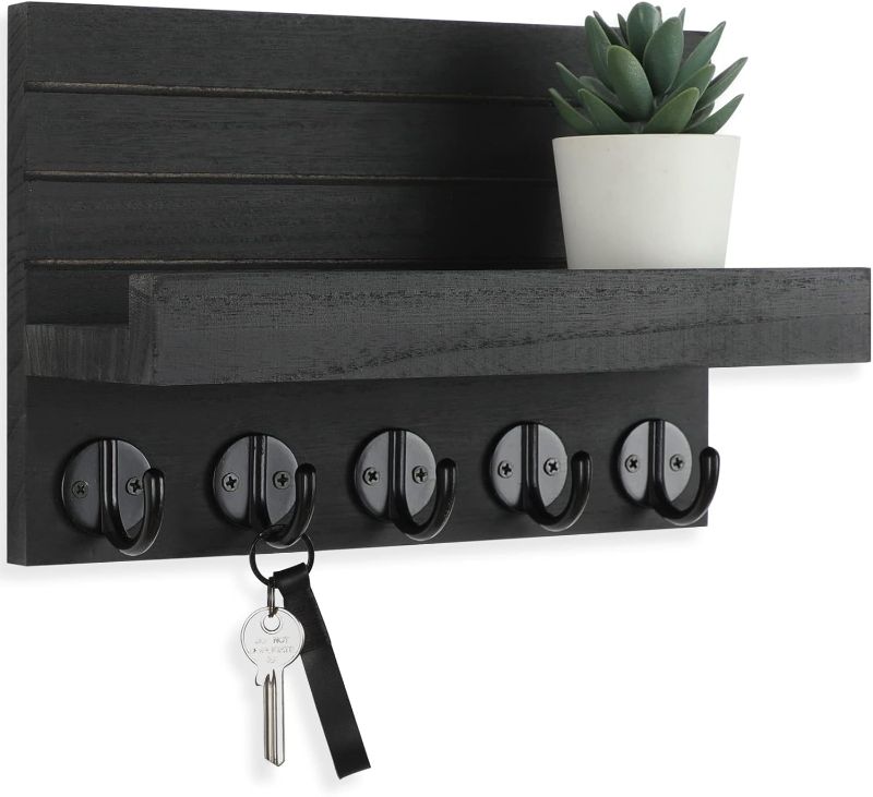 Photo 1 of Key Holder for Wall, Decorative Key and Mail Holder with Shelf Has Large Hooks for Bags, Coats, Umbrella – Paulownia Wood Key Hanger with Mounting Hardware (9.8”W x 6.7”H x 4.2”D)