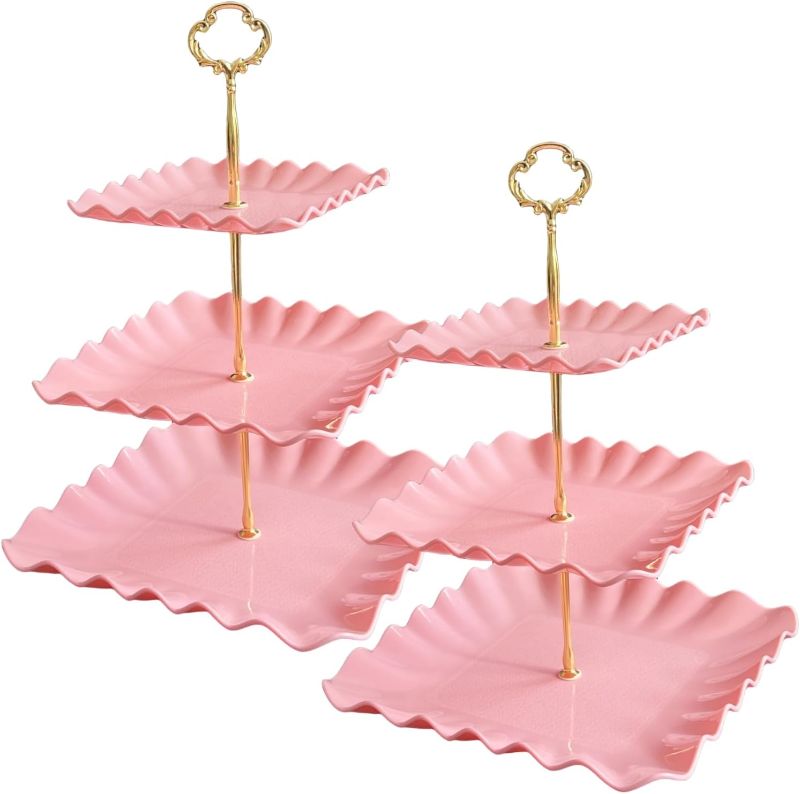 Photo 1 of 2 Pack of Plastic Square Dessert Cupcake Stand, 3 Tier Cup Cake Holder Tower for Tea Party/Birthday/Wedding, Plastic Tiered Serving Tray (Pink)