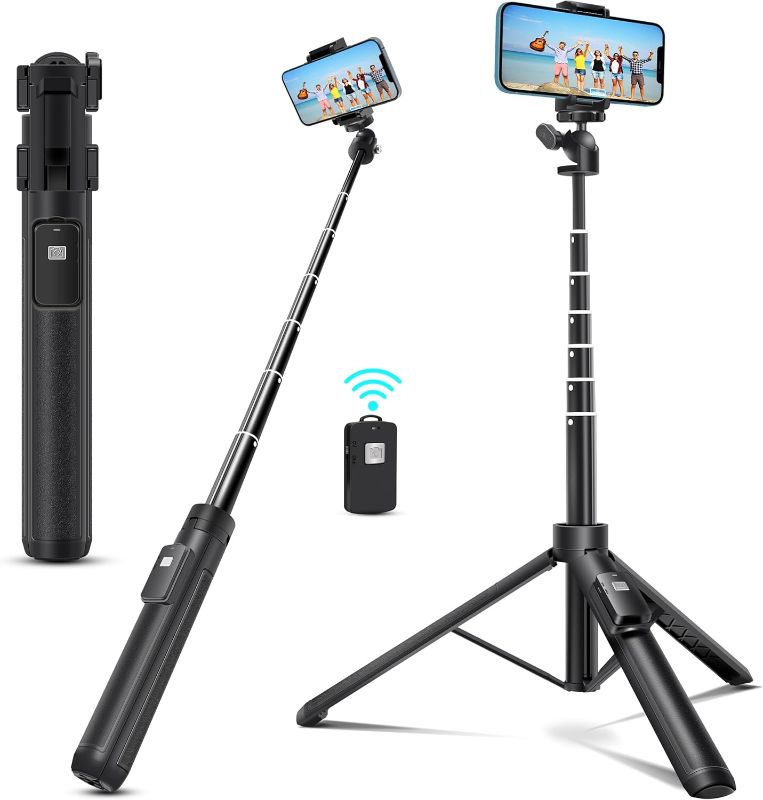 Photo 1 of Extendable 62 inches Aluminum Alloy Selfie Stick Phone Tripod Stand New Model with Wireless Remote Shutter Compatible with All Cell Phones/Live Stream/Vlog/iPhone 16/15/14/13/Android