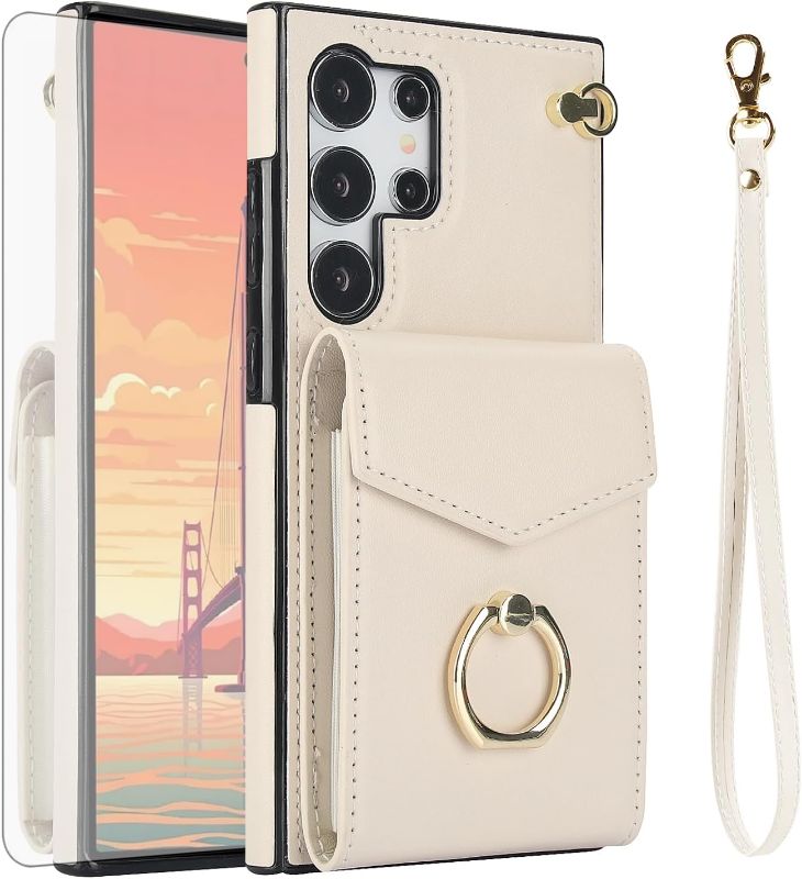 Photo 1 of Asuwish Phone Case for Samsung Galaxy S24 Ultra 5G Wallet Cover with Tempered Glass Screen Protector and RFID Blocking Ring Stand Credit Card Holder Cell S24Ultra 24S S 24 24Ultra Women Men Off White