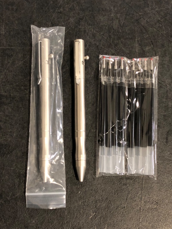Photo 1 of Origin-Joy 2 Pack Stainless Steel Bolt Action Pen Set, Heavy Duty EDC Pocket Gel Tactical Pen With 8 Ballpoint Refills (Sandblasting)