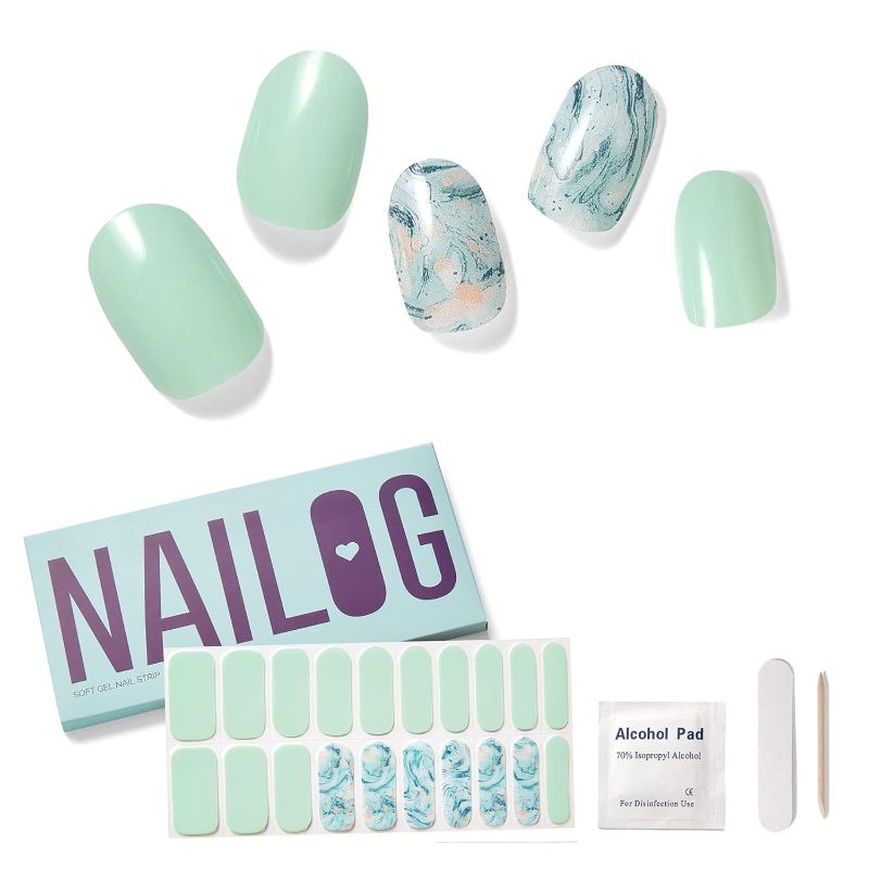 Photo 1 of NAILOG Semi Cured Gel Nail Strips (20 Extra Long Polish Stickers/Wraps) ? Glossy & Long Lasting Soft Gel Finishing (Summer Breeze)