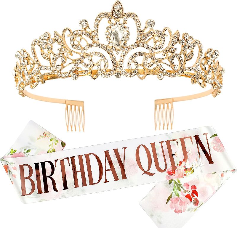 Photo 1 of Gold Prom Queen Tiara Crown for Women, Happy Birthday Flower Crown Sash, Party Favors Supplies, Cake Toppers, Halloween Cosplay