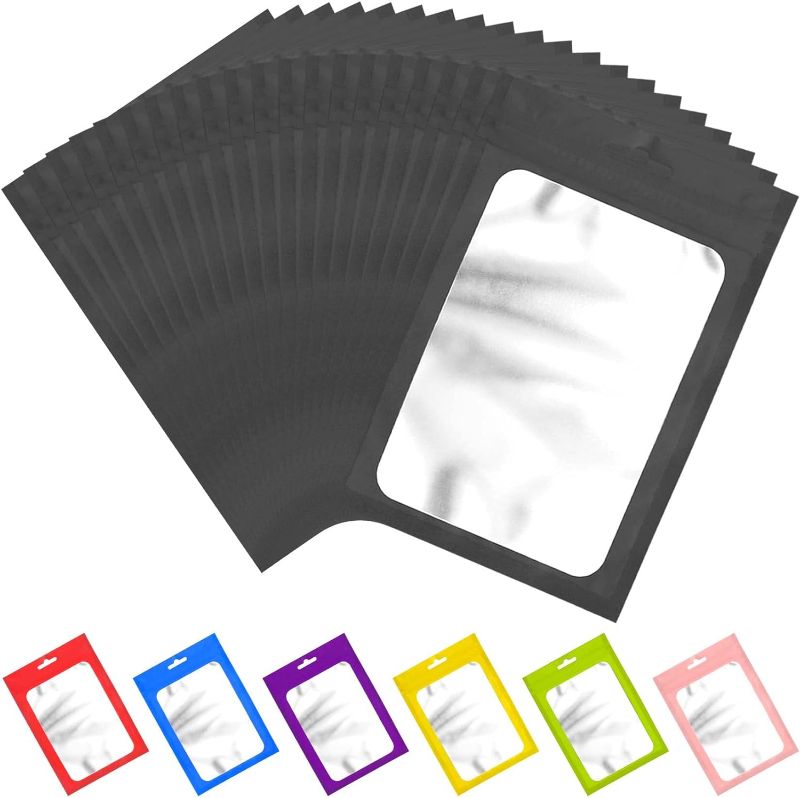 Photo 1 of 100 Pieces Resealable Mylar Bags with Clear Window Smell Proof Bags Packaging Bags Foil Pouch Zip Bag for Food Self Sealing Storage Supplies (Black, 2.75×3.93 inches)