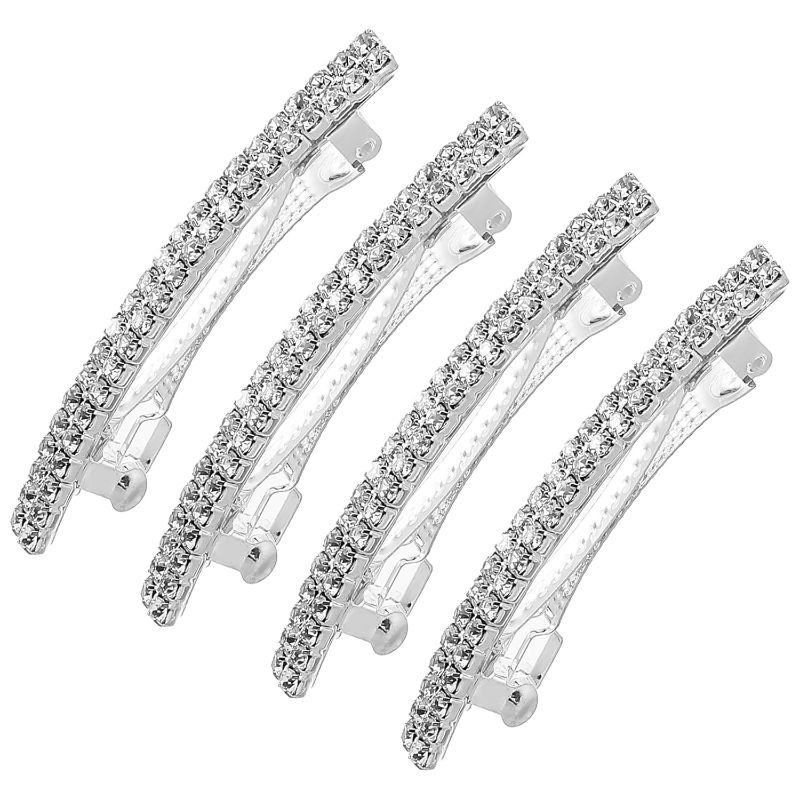 Photo 1 of 4 Pcs Crystal Hair Barrette Sparkly Rhinestone Hair Clip French Design Bridal Bling Rhinestone Clips Ponytail Holder Side Clips