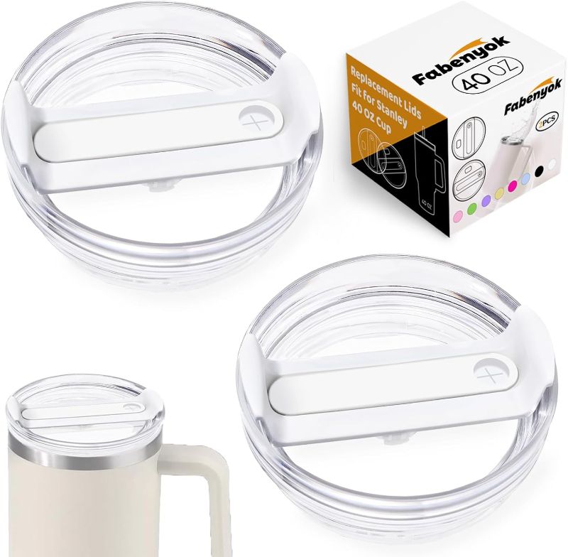 Photo 1 of 40 OZ Tumbler Lid Replacement Fit for Stanley Cup, 2 Pack Clear Replacement Lids Fit for Stanley Travel Tumbler, Spill Proof Tumbler Covers for Stanley Cup Accessories (Clear - White)