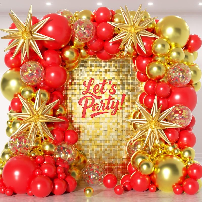 Photo 1 of 153Pcs Red and Gold Balloons Garland Arch Kit with Stars - 22 18 12 10 5 inch Different Size Red Metallic Gold Confetti Latex Balloon for Birthday Valentine's Day Wedding Party Decorations