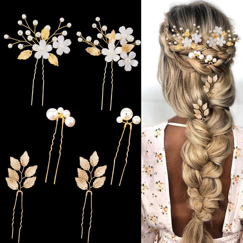Photo 1 of 6PCS Gold Leaf Wedding Hair Pins Pearl Hair Jewelry Accessories Flower Headpiece Crystal Vintage Elegance Wedding Hair Styling Pins for Women Brides Bridesmaids and Flower Girls